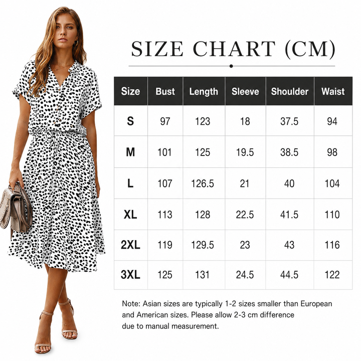 Women wearing polka dot chiffon shirt dress with flowing skirt, defined waist and easy summer occasion styling for today look