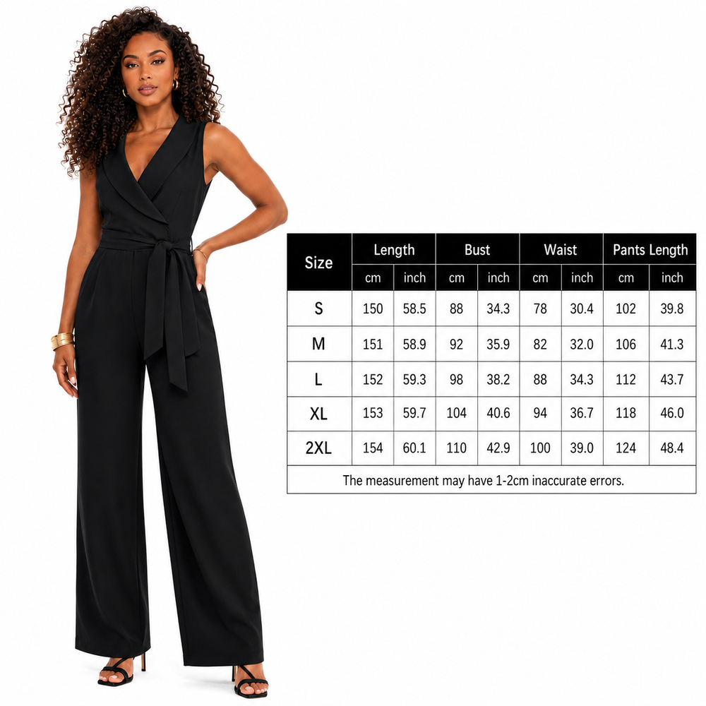 V neck sleeveless jumpsuit in smooth stretch fabric with full-length trousers and waist-defining belt for summer styling now.