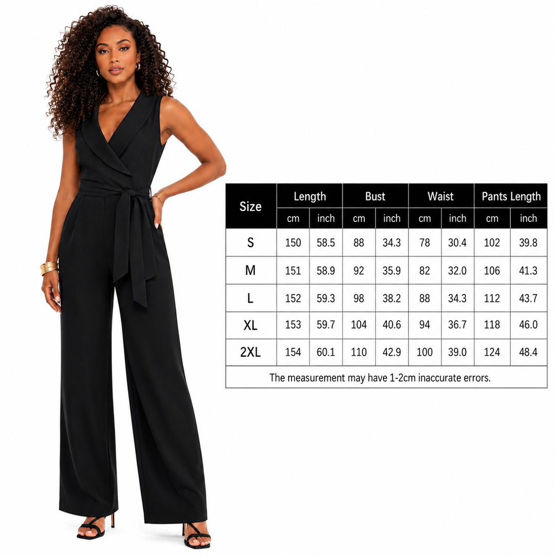 V neck sleeveless jumpsuit in smooth stretch fabric with full-length trousers and waist-defining belt for summer styling now.