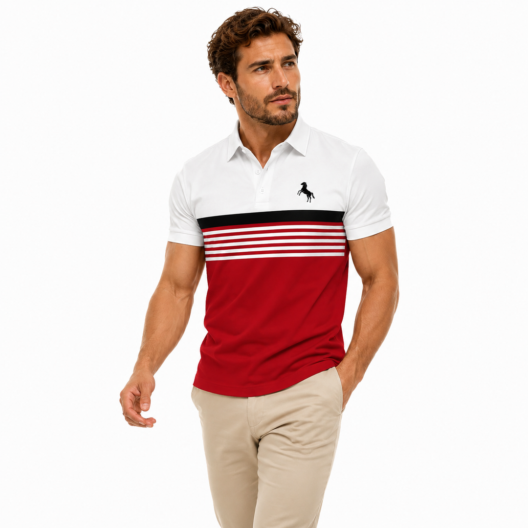 Short sleeve striped golf shirt with sharp collar and comfortable loose fit