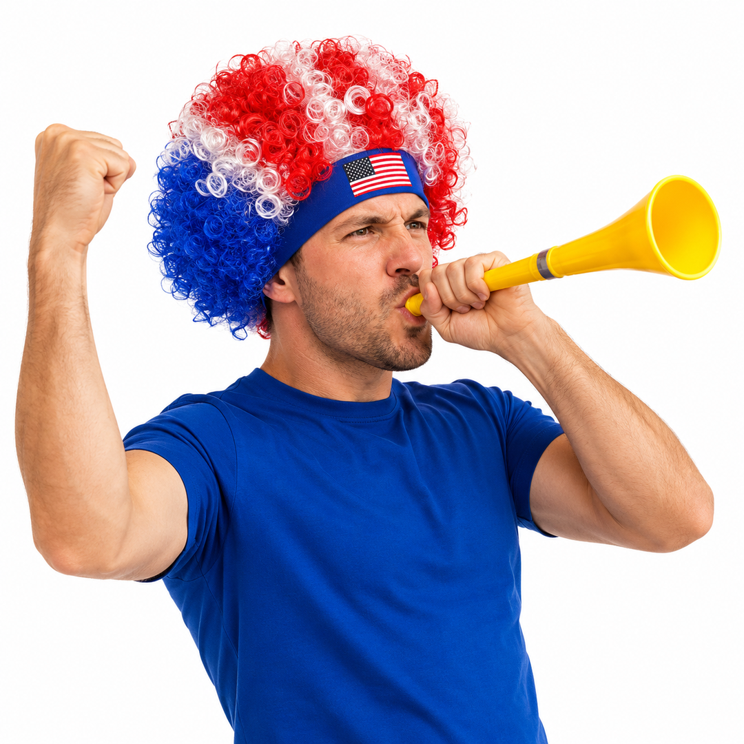 Reusable synthetic USA fan wig for World Cup celebrations, tailgates, watch parties, parades and team supporter outfit looks.