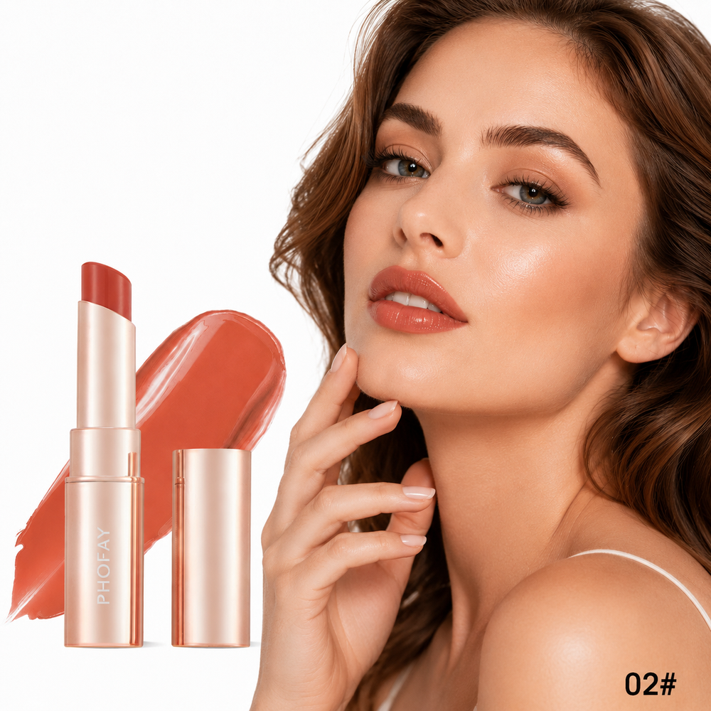 Hydrating PHOFAY lipstick in rose gold packaging for polished everyday makeup