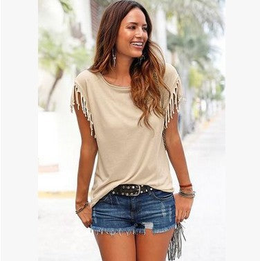 plus size tassel t shirt short sleeve tassel cuff detail street style