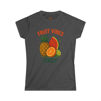 Women's dark tee with tropical fruit graphic and text