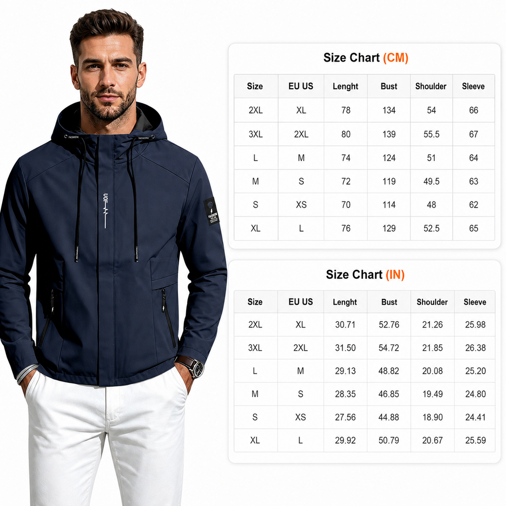 Men's long sleeve hooded jacket with an easy relaxed fit, regular length and sizes from S to 3XL for simple outdoor layering.