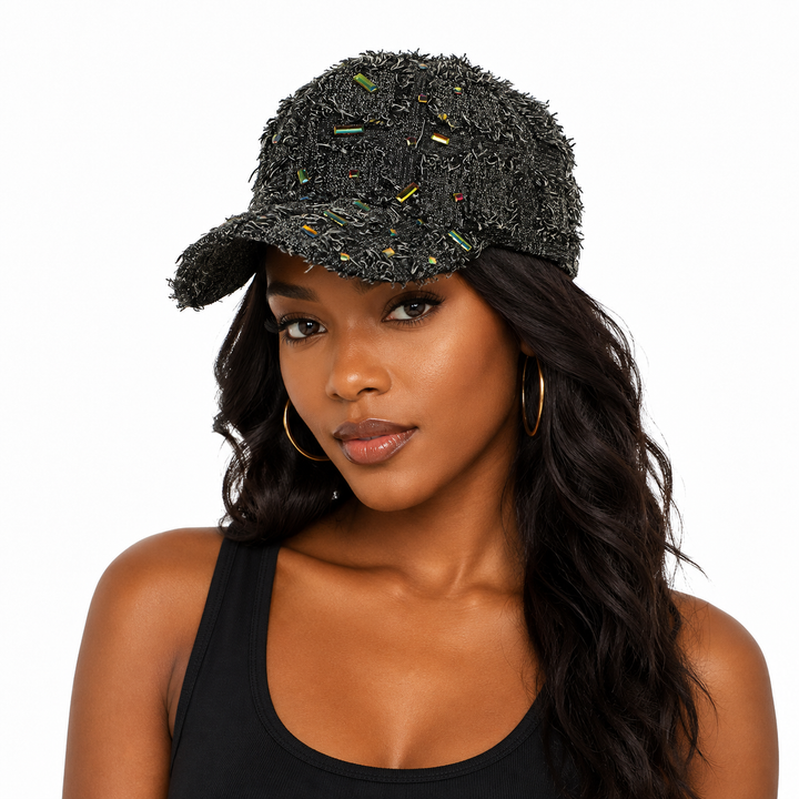 Stylish embellished baseball cap showcased on professional fashion model for women&