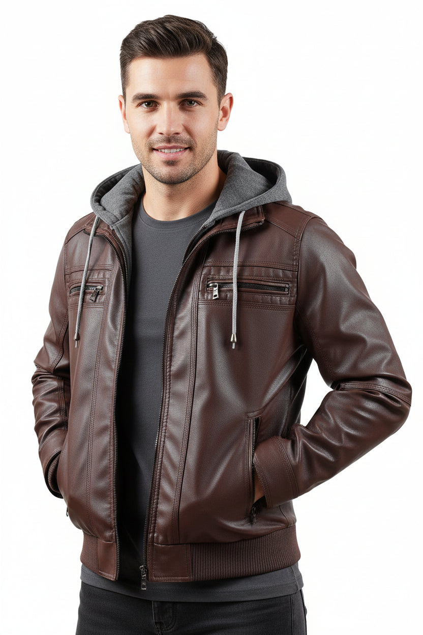 mens hooded PU leather jacket brown leather texture daily outfit