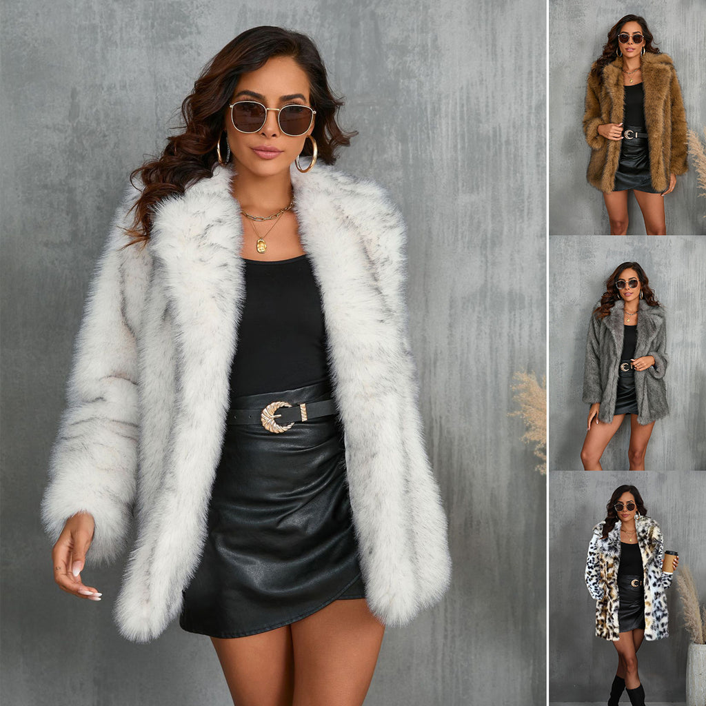 Women's Faux Fur Coat - Plush Warmth, Lapel and Pockets