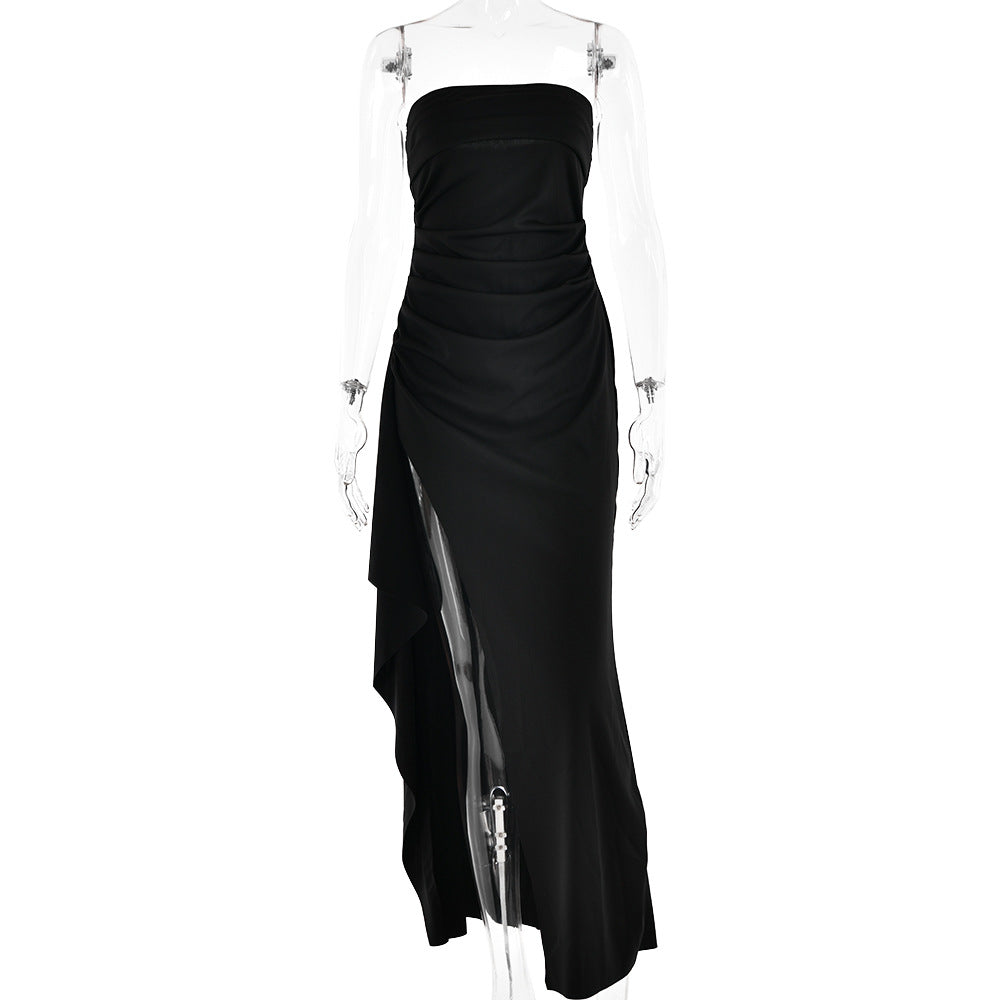 Strapless Pleated Maxi Dress Elegant Split Style Summer
