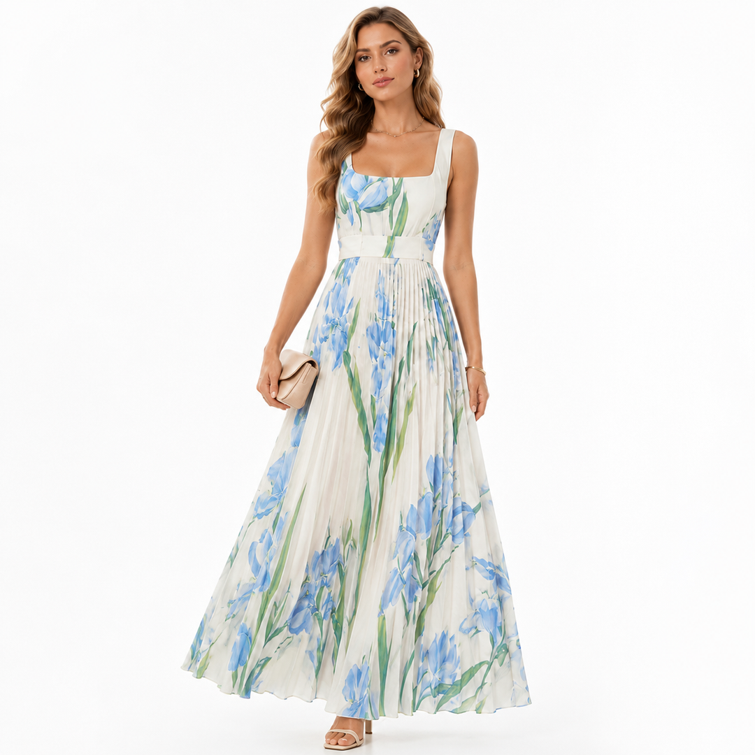 Vacation summer dress styled with sandals and clutch for warm-weather resort looks