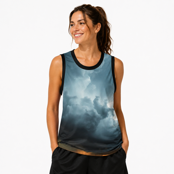 Front view of Sky Vibes jersey showing ribbed collar and relaxed unisex shape