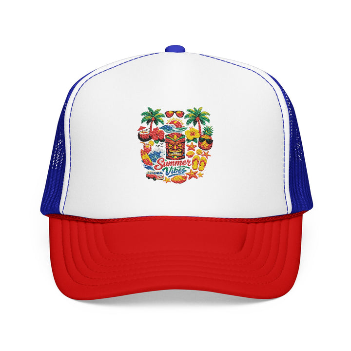 Summer trucker hat size guide in inches with model, clear measurements and professional product catalog layout.