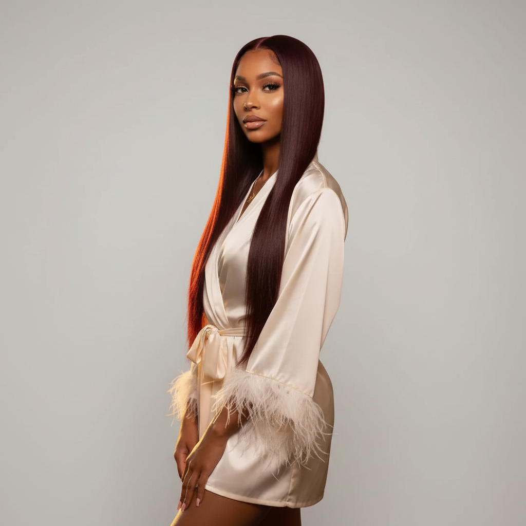 Straight Brazilian virgin hair wig shown from the front with sleek center part styling