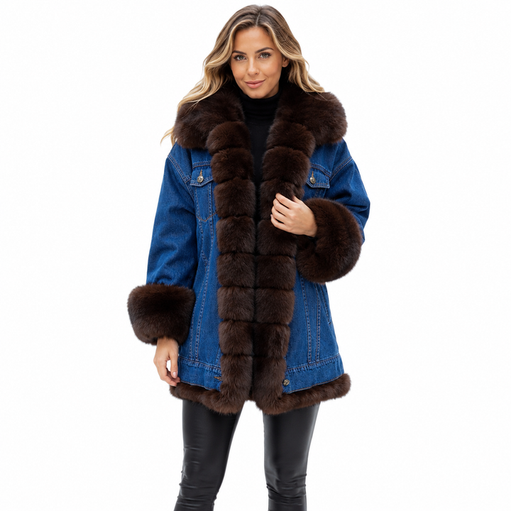 Long warm faux fur coat with denim inspired jacket silhouette for women