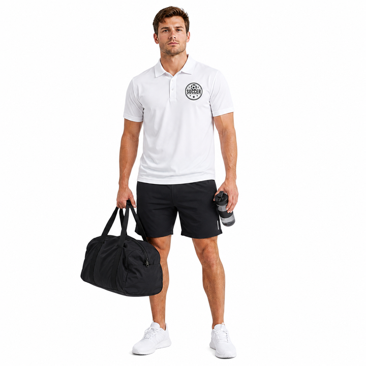 Men white athletic polo with soccer chest print, refined collar, short sleeve design and simple clean online store view style
