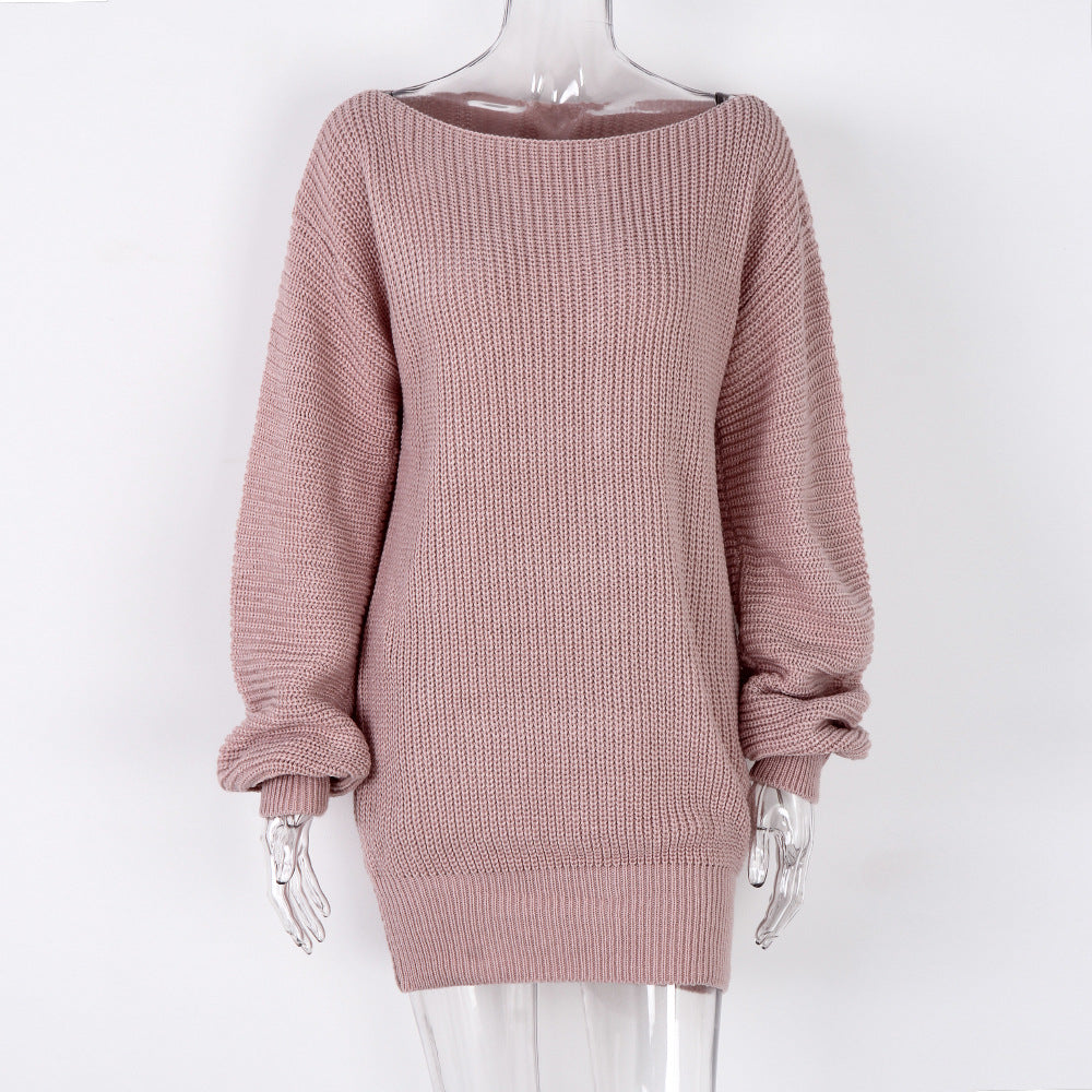 Knitted Sweater Dress for Women with Lantern Sleeves
