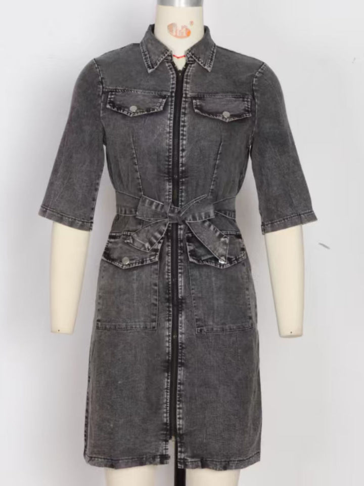 Cotton blend denim dress women short sleeve zipper front tie waist side pockets mid-length casual wardrobe
