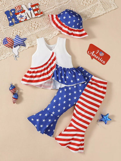 kids patriotic outfit set three-piece ruffled tank pants and hat soft stretch fabric for all-day play on holidays
