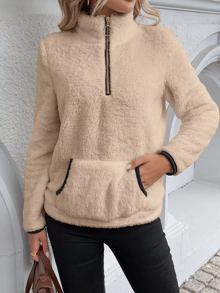cozy fleece quarter zip sweatshirt plus size friendly, front view with zipper detail and pocket focus for product closeup