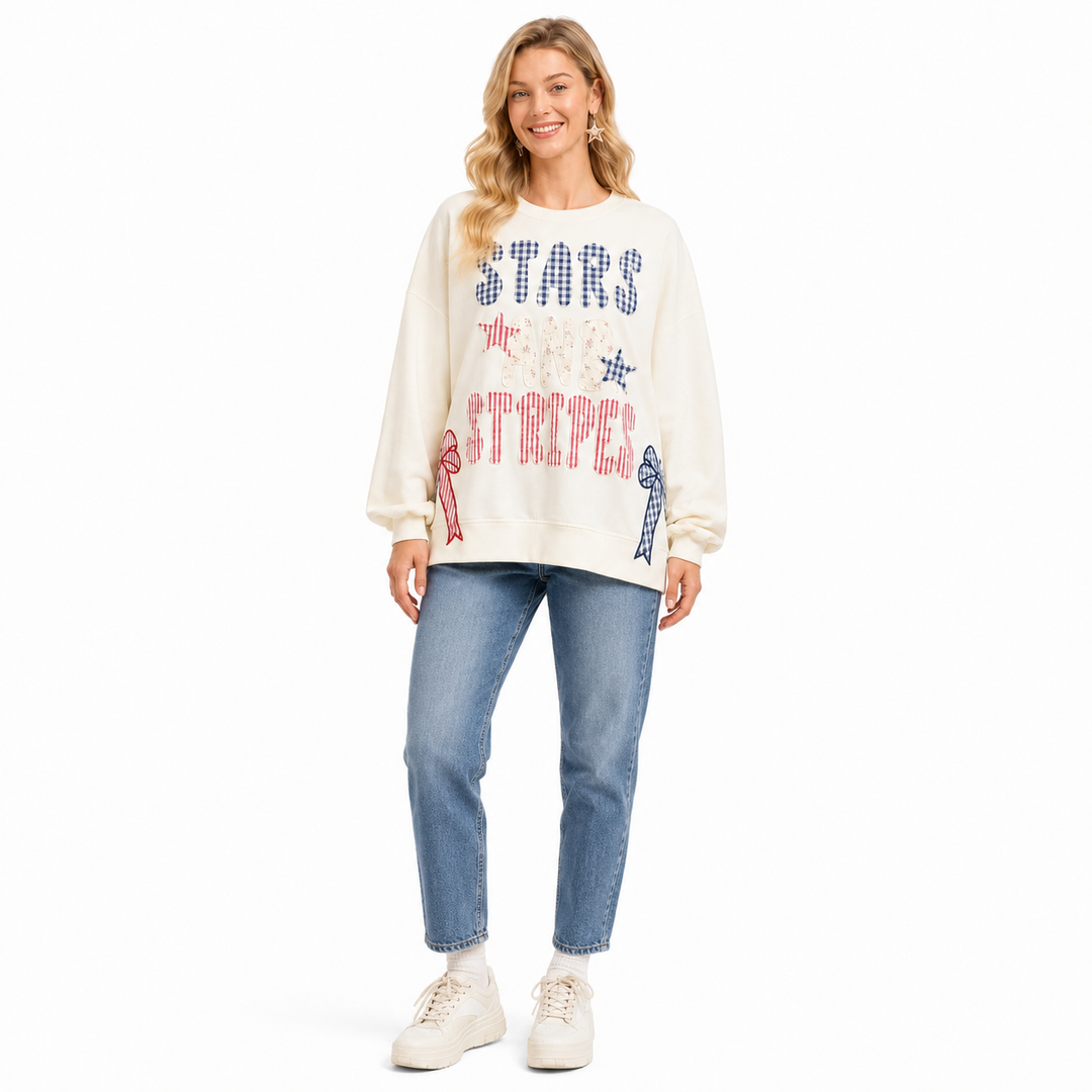 Fourth of July women sweater with embroidered look, gingham lettering, bow detail and easy casual fit for holiday outfits now