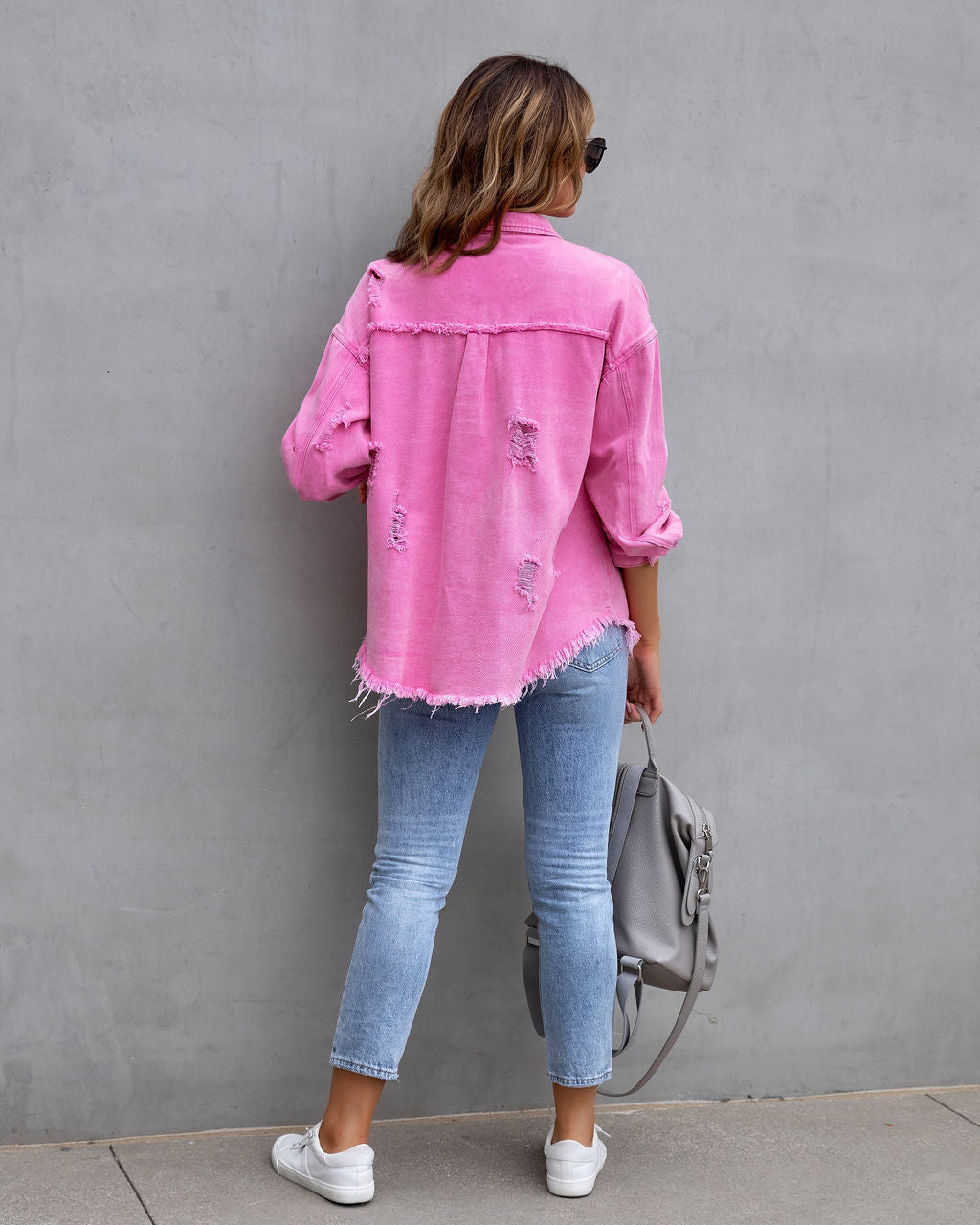 fashion ripped shirt jacket distressed texture detail modern womens everyday jacket style