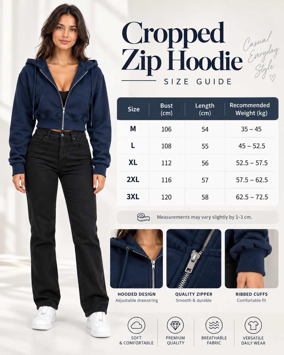 A size guide and model photo for a cropped zip hoodie. On the left, a woman wears a navy cropped zip hoodie with black jeans and white sneakers.