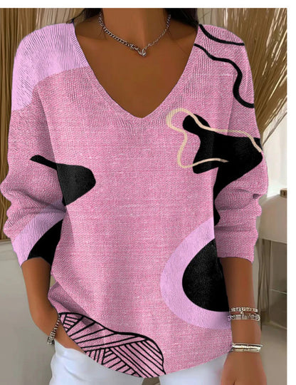 Women's Gradient Color V-neck Long-sleeved T-shirt