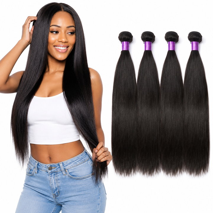 Human hair straight bundle in natural black color with smooth curtain finish and soft feel for salon inspired styling at home