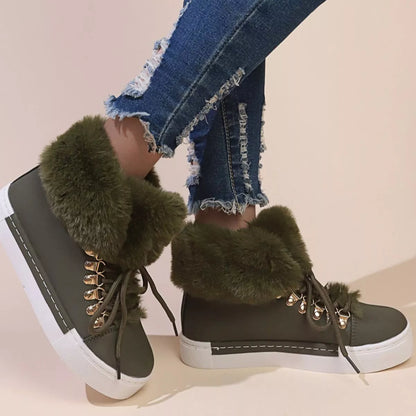 womens winter ankle boots with fuzzy collar brown suede material lace closure three-quarter view
