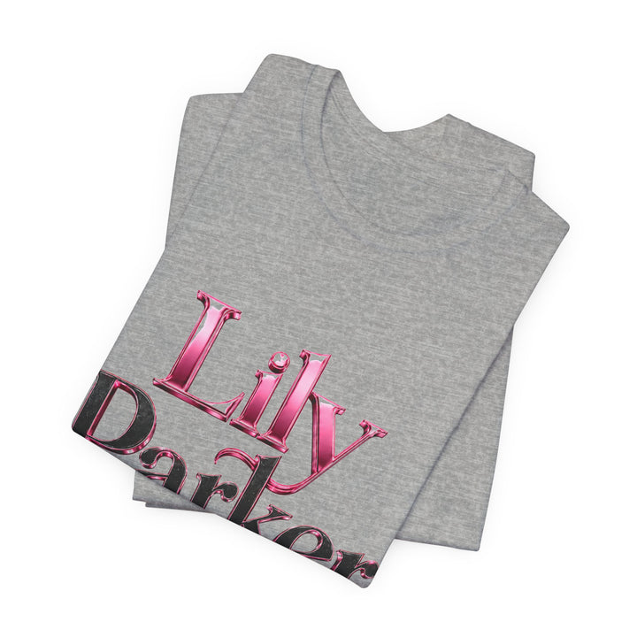 Gray tank top with pink and black text on a white background