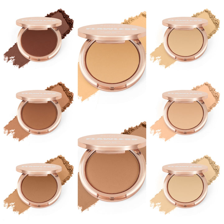Collage of compact powders in various shades with a rose gold case.