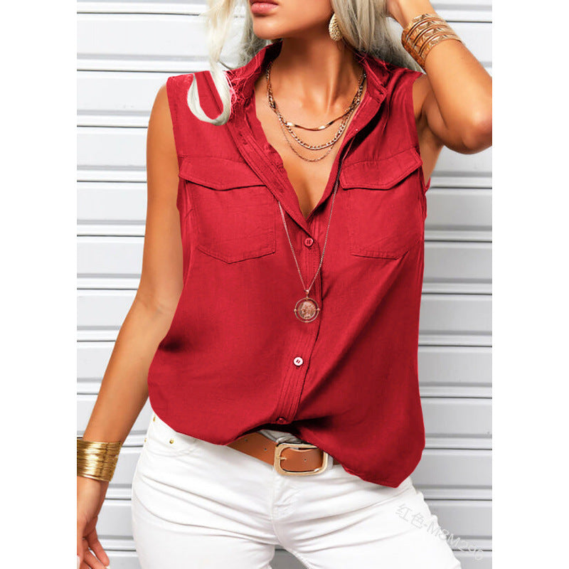 Woman wearing a red sleeveless shirt and white pants against a white background
