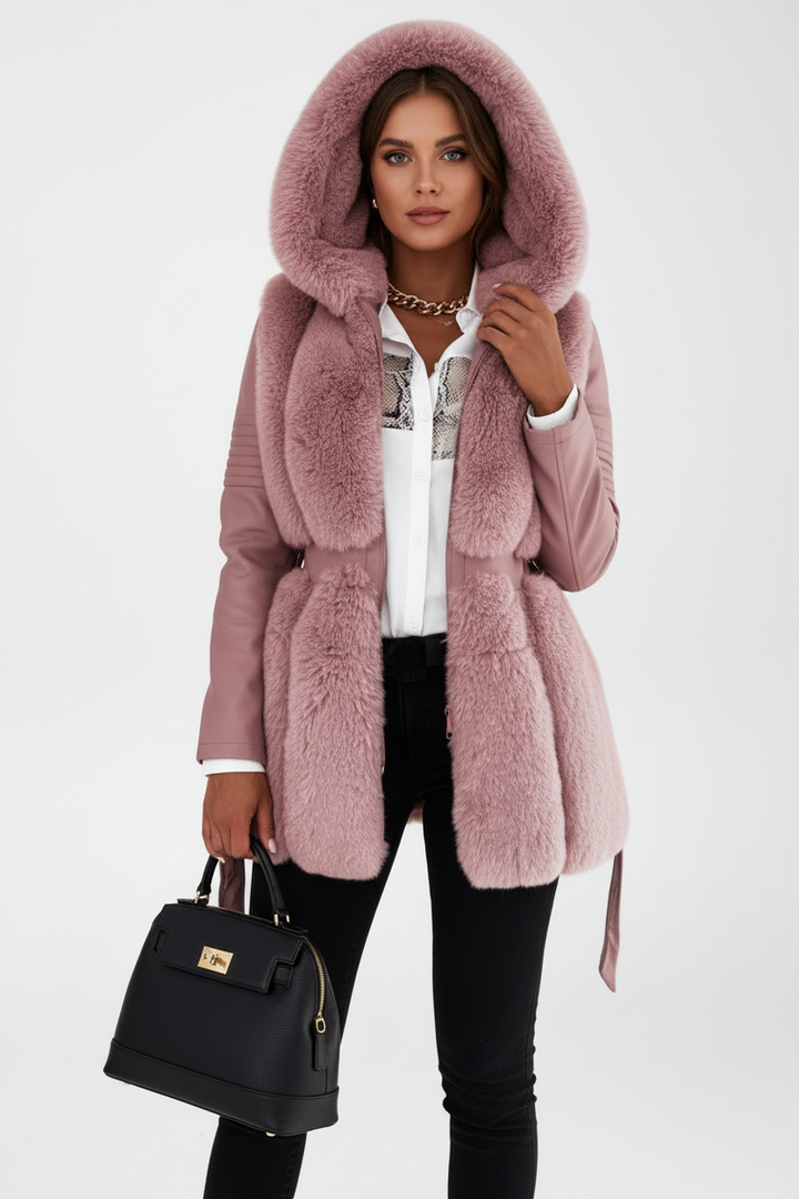 Belted faux fur coat with hood and contrast sleeves for women