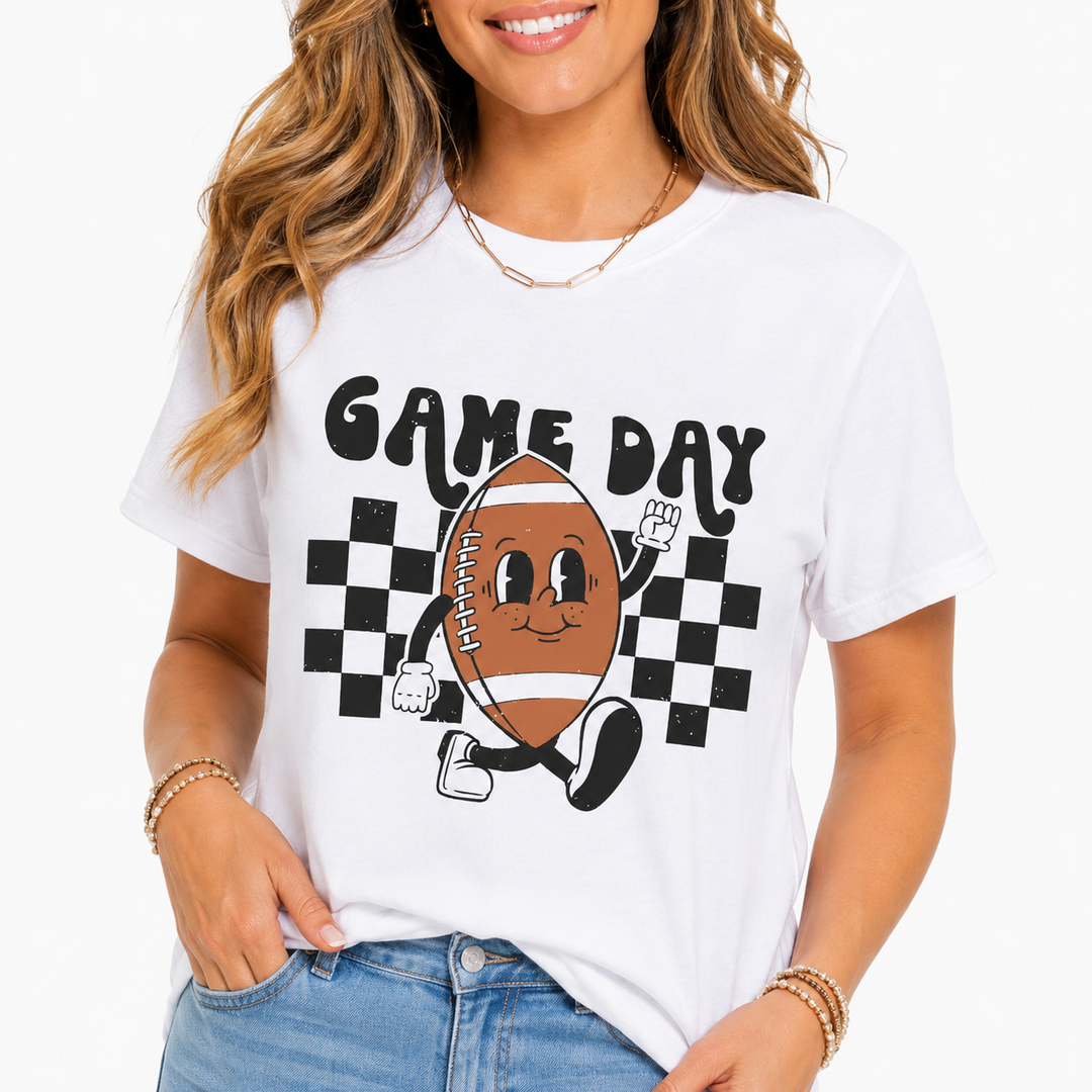 Game day t shirt womens style with football graphic, cream color and sporty look for relaxed weekend outfits and fan fun now.