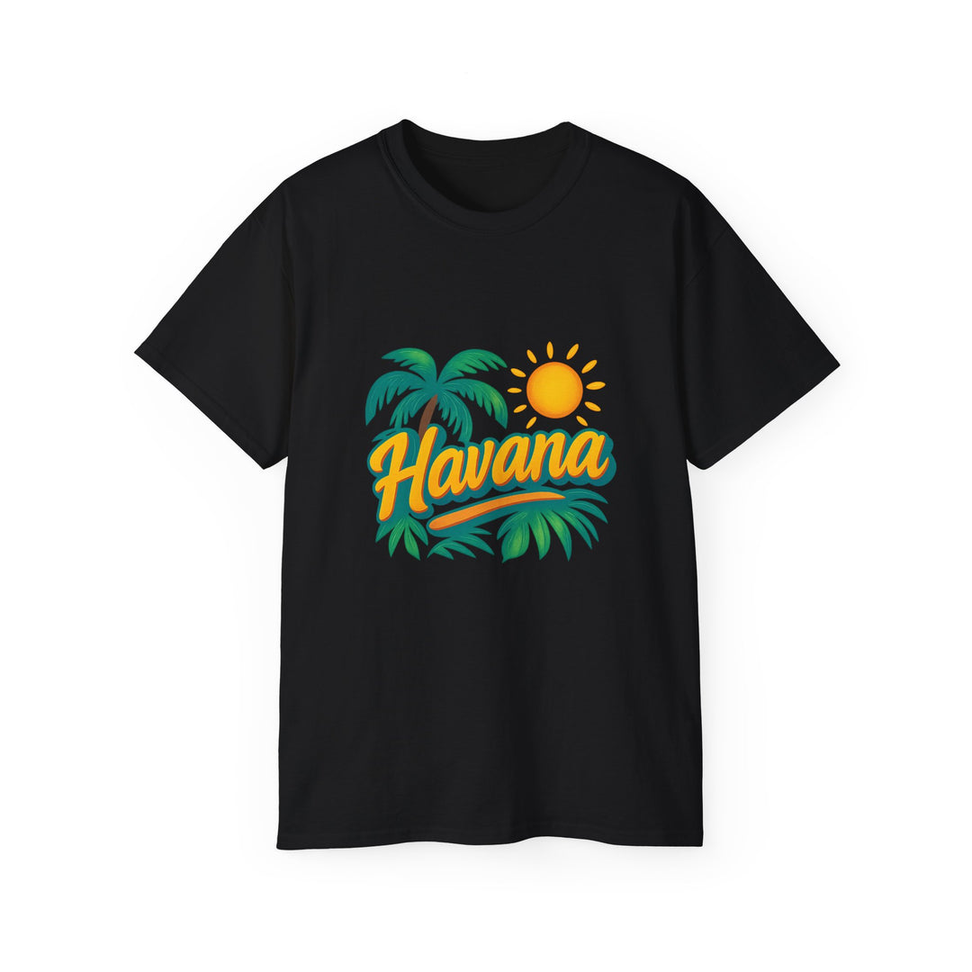 Palm sunset t-shirt displayed as a folded flat lay for online store image