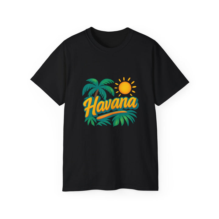 Palm sunset t-shirt displayed as a folded flat lay for online store image
