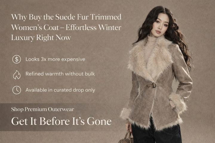 suede fur trimmed women’s coat full body European fashion look