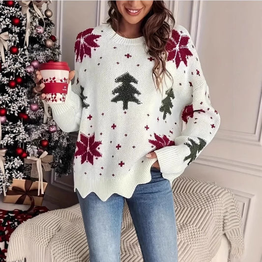 Festive christmas sweater women snowflake print oversized long sleeve casual pullover