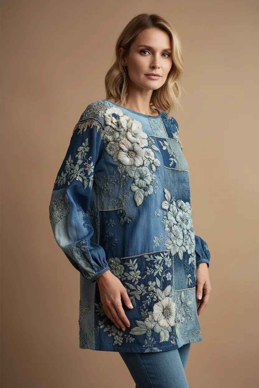 boho crew neck top long sleeve worn with neutral trousers