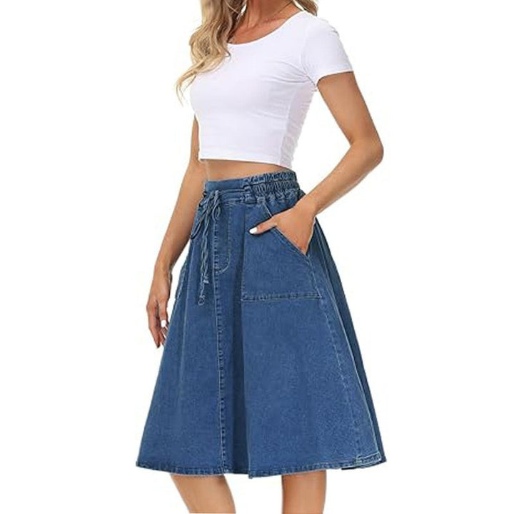 back view blue denim skirt with belt loops