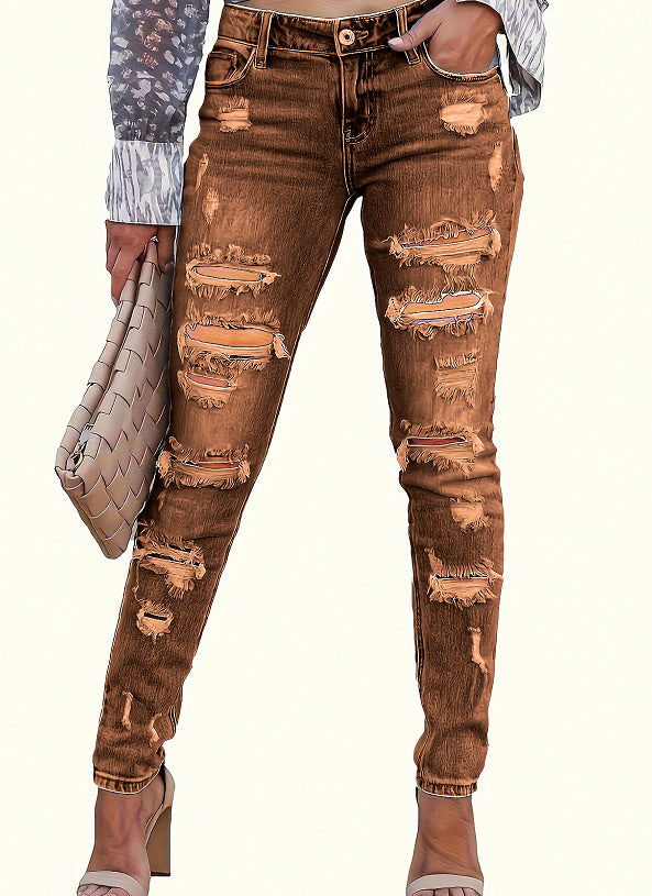 Women’s Skinny Pants – Cotton Ripped Mid Waist