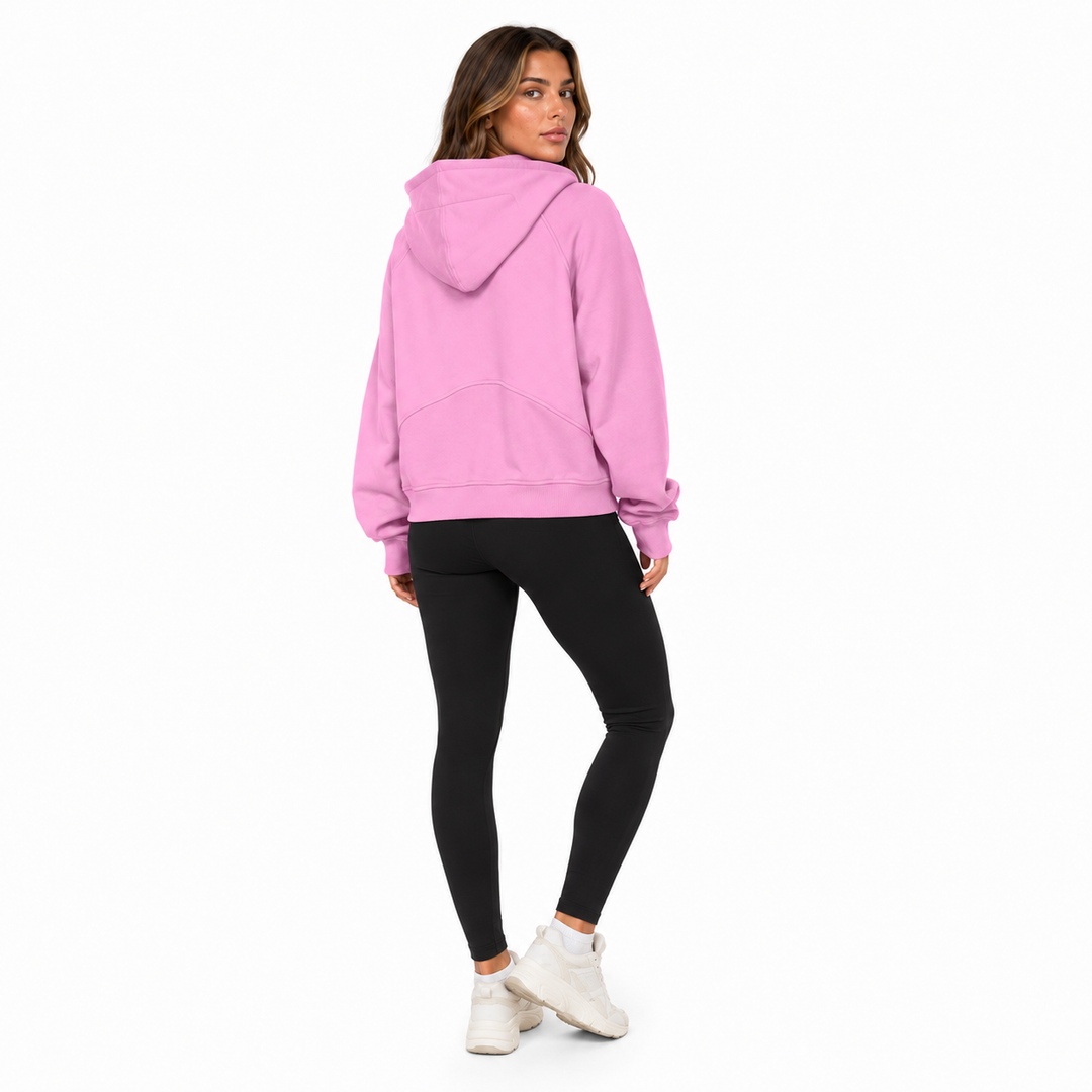 Loose fit women hoodie with zipper closure and pockets, styled as an easy everyday cold weather layer for cold days for women