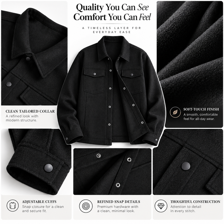 Original black jacket collage showing collar, fabric, cuff snaps and front flap details with English marketing text on white.