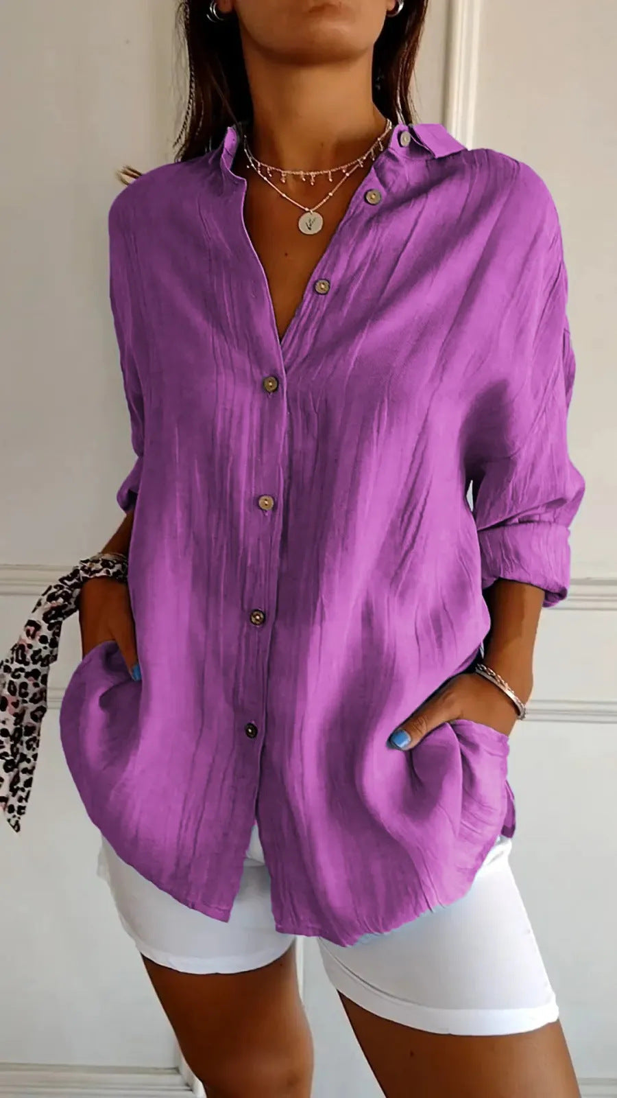 Women's Pleated Long Sleeve Shirt - Polished Loose Fit