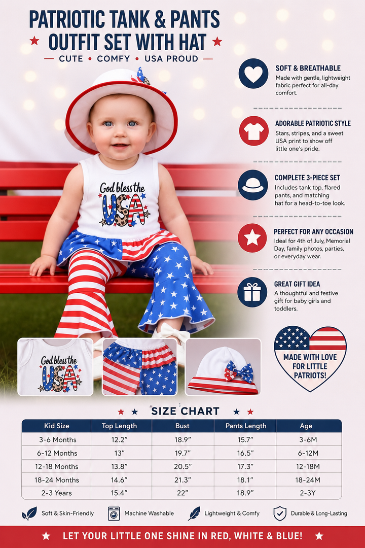 A promotional infographic for a patriotic tank top and pants outfit set with a hat, featuring a baby model wearing the outfit on a red bench. The image includes product descriptions, a size chart table, and a heart-shaped badge stating &