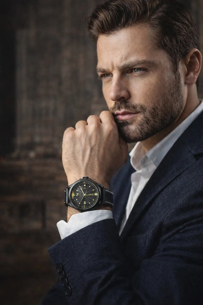 men quartz watch clean dial typography close view