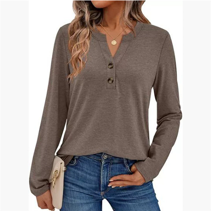 Women relaxed V neck top with long sleeves and clean everyday design for comfortable wear and easy outfit pairing