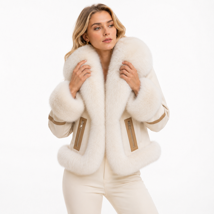 White faux fur coat for women with thick cotton backing, plush artificial fur, a fur collar, and tailored winter silhouettes.
