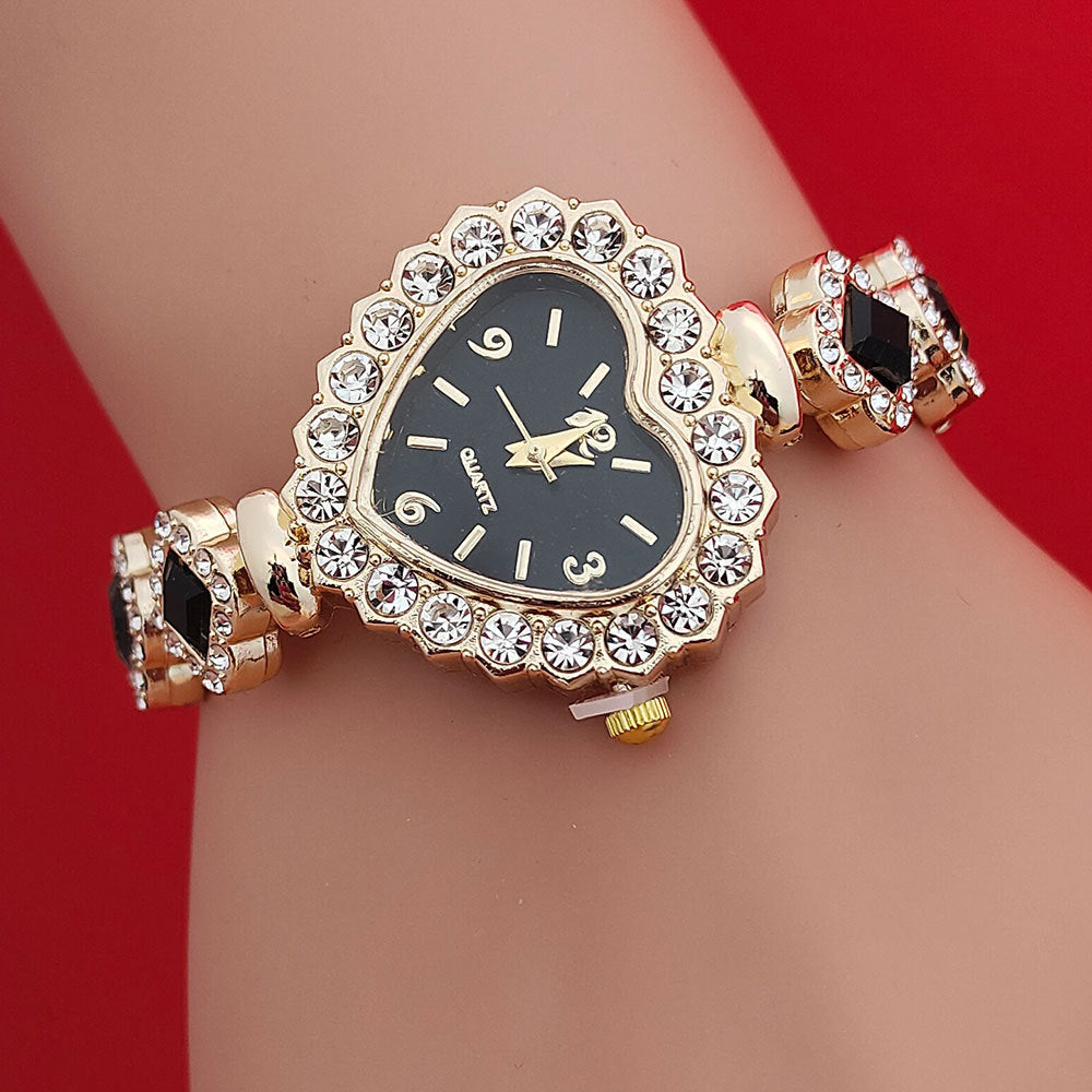 Gold alloy heart watch bracelet combo with green face, rhinestones and charm details, perfect women’s heart bracelet watch