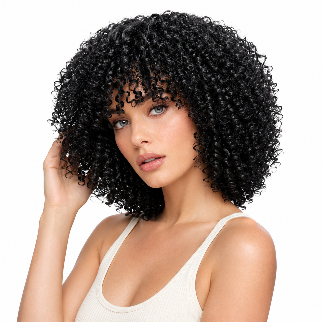 Lightweight short curly wig for women shown as a travel-friendly daily style with compact volume and refined curl definition.
